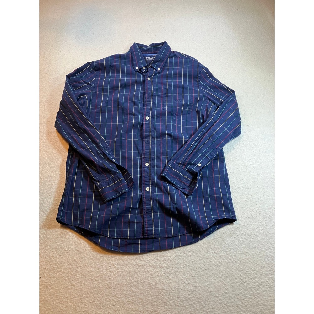 Chaps Ralph Lauren Mens Navy Blue Multi Color‎ Plaid Stretch Easy Care Shirt L